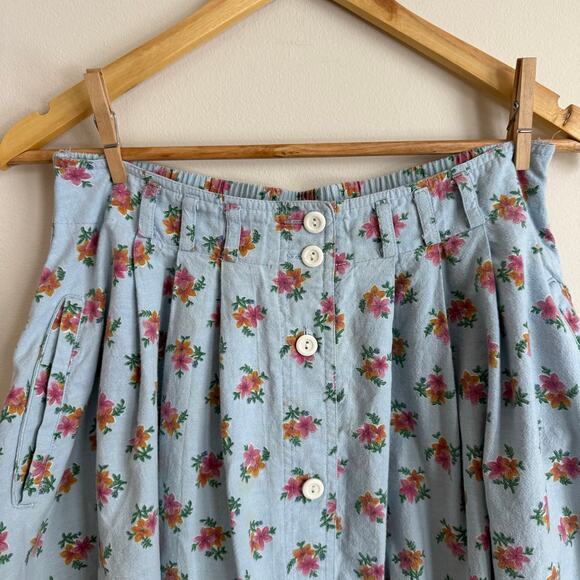 80's 90's Vintage Midi Length Baby Blue Pink Floral Button Cottage Core Skirt M - Picture 2 of 6